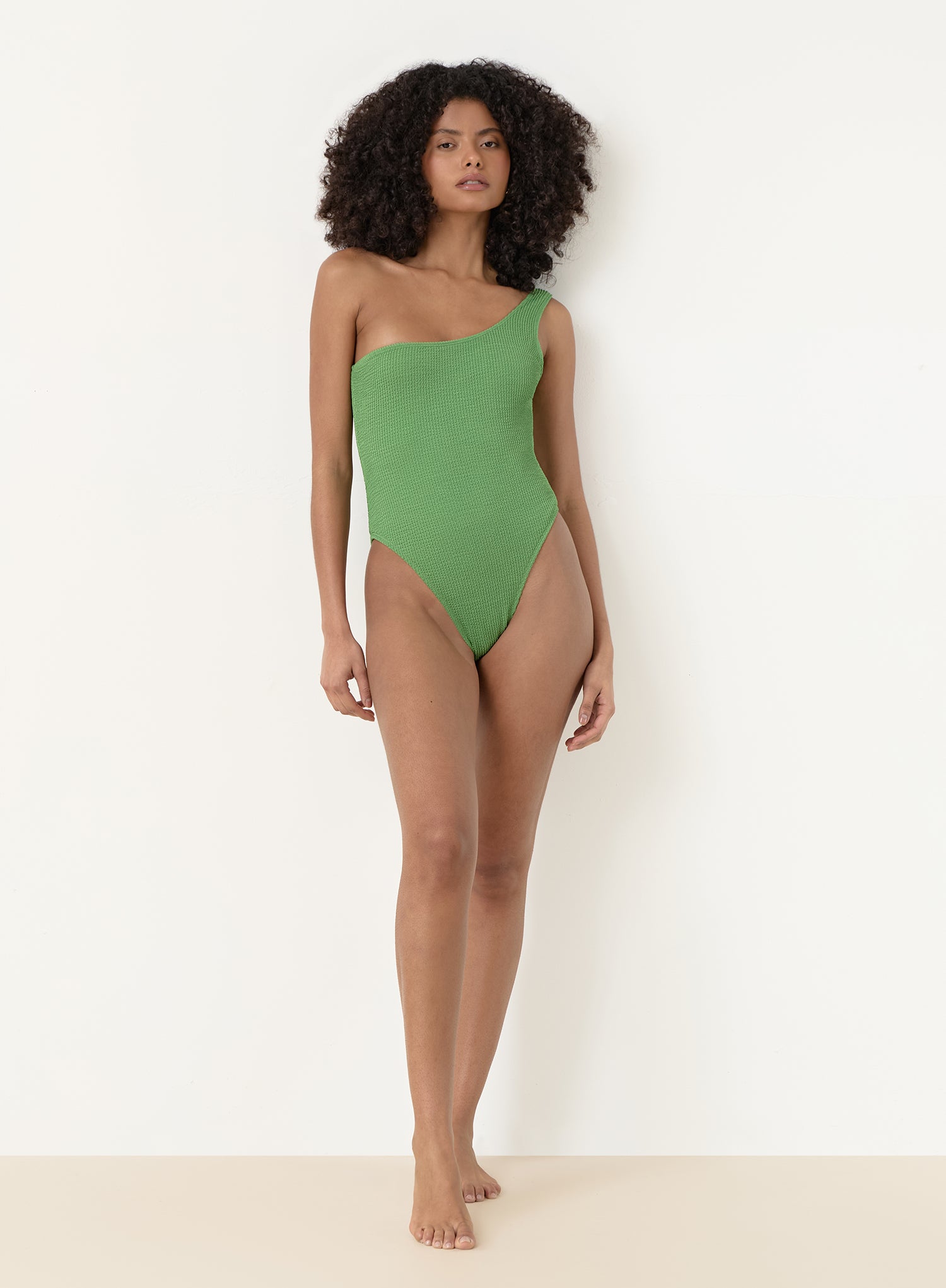 Green Crinkle One Shoulder Swimsuit